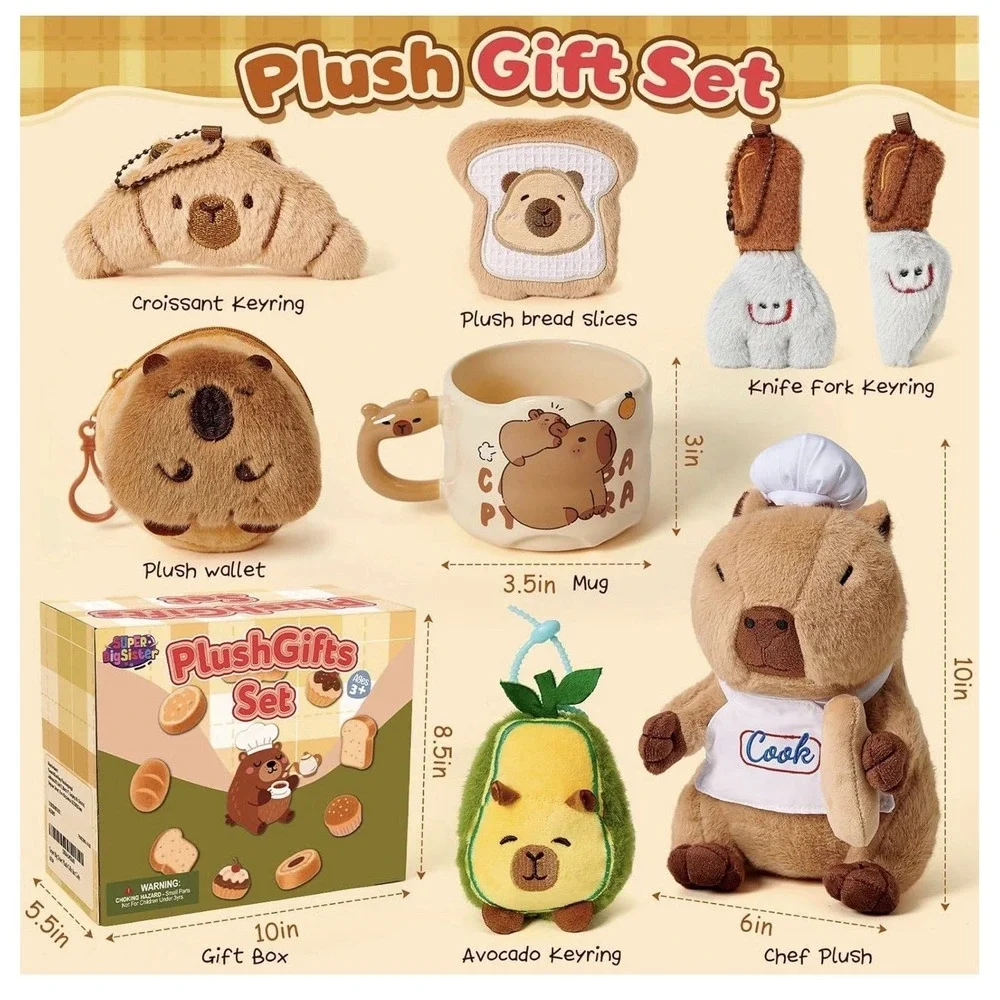 Capybara Plush Gifts Set for Kids Cute Chef-Themed Stuffed‎ Toys W/ Mug Keychain